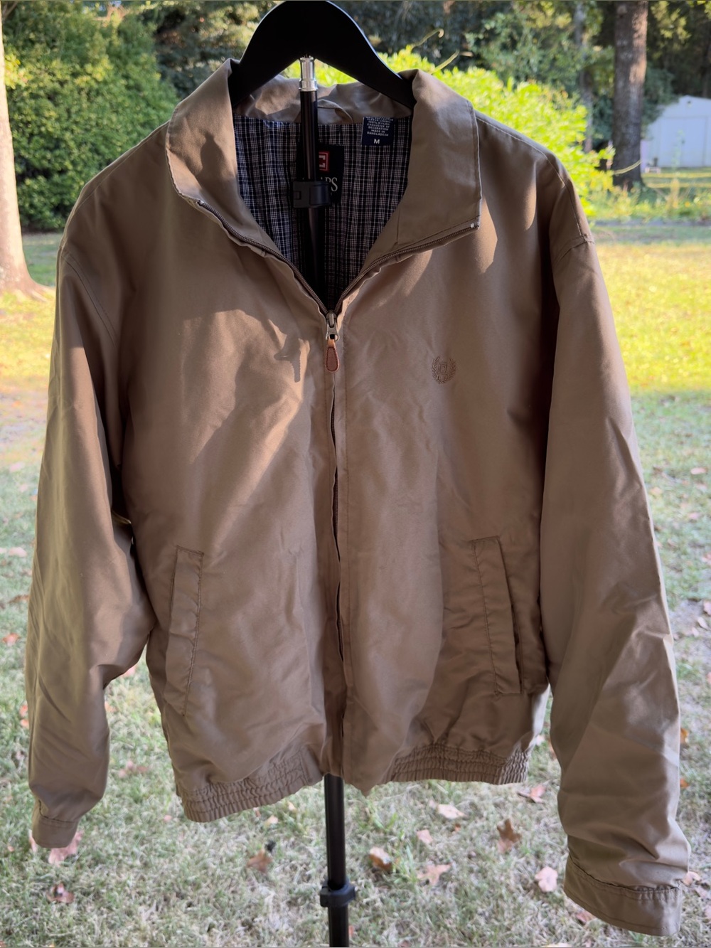 Chaps Men Medium Tan Harrington Bomber Jacket Plaid Lined Full Zip Windbreaker